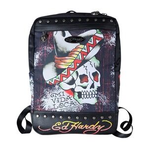 Ed Hardy Backpack Skull Mi Vida Loca Studded Tattoo Art Black Large Y2K, Grunge